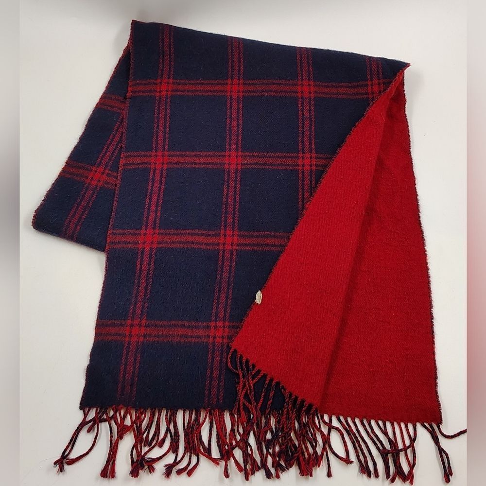 Vintage Wool Navy & Red Plaid Men's Fringe Scarf  Unisex Womens